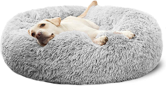 Calming Donut Cuddler Dog Bed, round Fluffy Pet Bed for Large Dogs,Washable, Large, Gray, 30''
